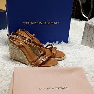 New Georgie Stuart Weitzman Tan Brown Wedge Espadrille Sandals SZ 6.5